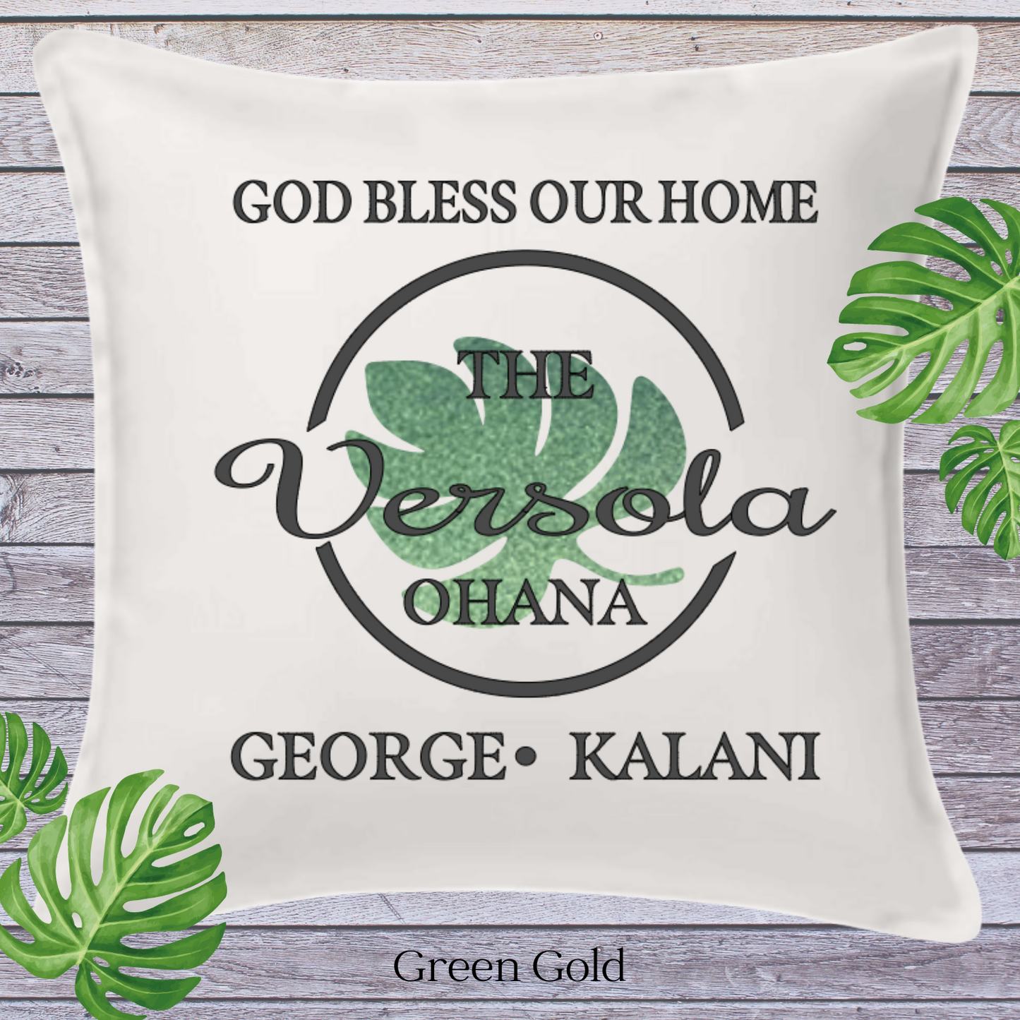 God Bless Our Home Decor Pillow Cover, White with Large Monstera Leaf, Personalized (COVER ONLY) Scroll for other color options