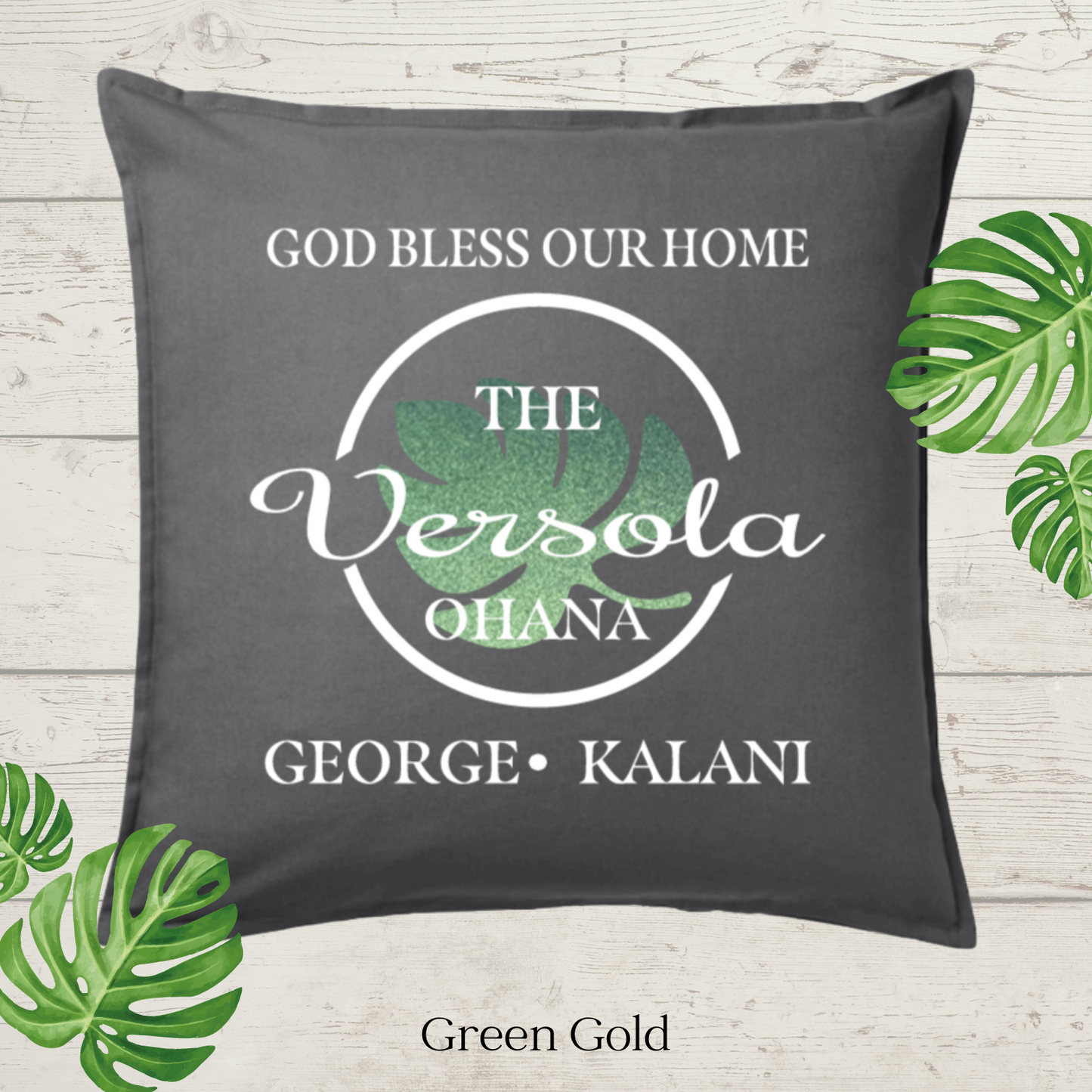 God Bless Our Home Decor Pillow Cover, Charcoal with Large Monstera Leaf, Personalized (COVER ONLY). Scroll for more color options.