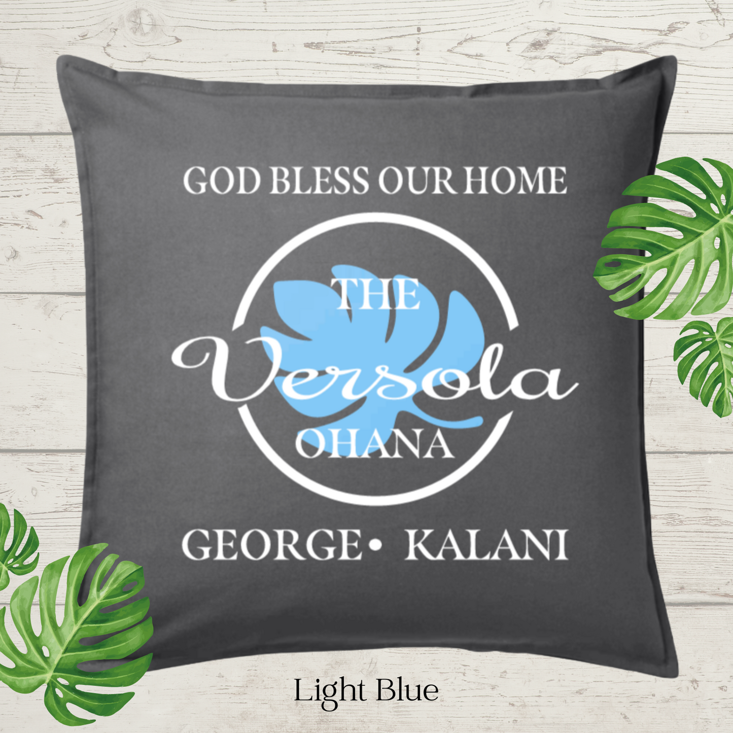 God Bless Our Home Decor Pillow Cover, Charcoal with Large Monstera Leaf, Personalized (COVER ONLY). Scroll for more color options.