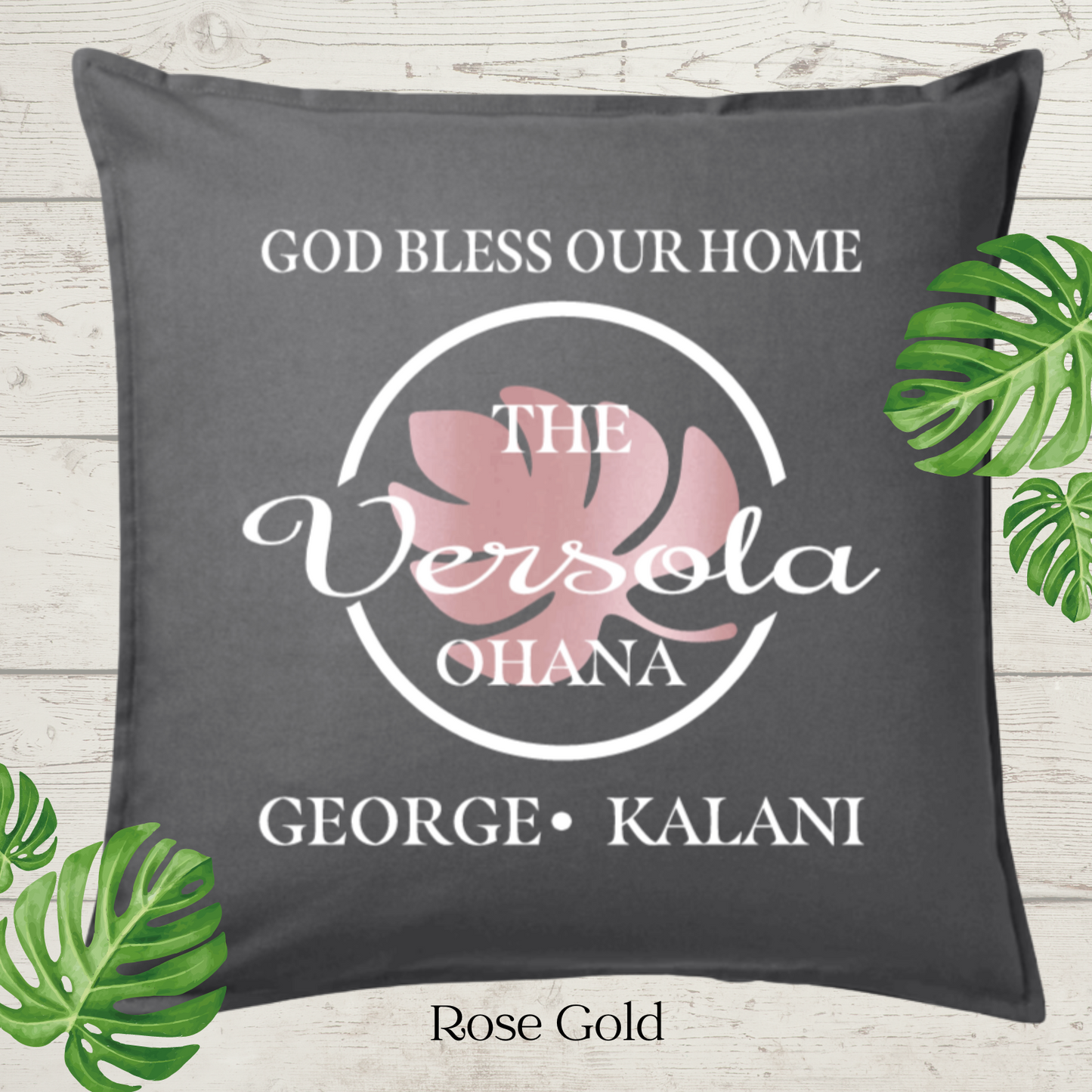 God Bless Our Home Decor Pillow Cover, Charcoal with Large Monstera Leaf, Personalized (COVER ONLY). Scroll for more color options.