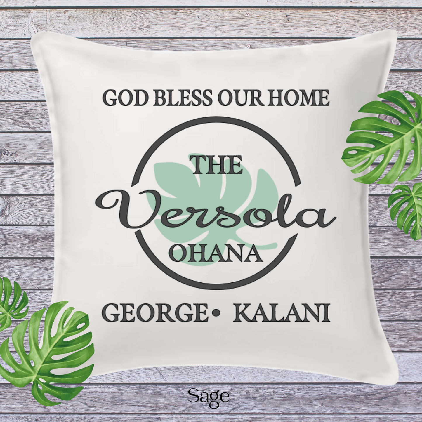 God Bless Our Home Decor Pillow Cover, White with Large Monstera Leaf, Personalized (COVER ONLY) Scroll for other color options