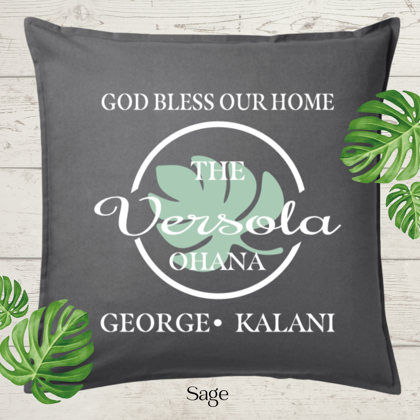 God Bless Our Home Decor Pillow Cover, Charcoal with Large Monstera Leaf, Personalized (COVER ONLY). Scroll for more color options.
