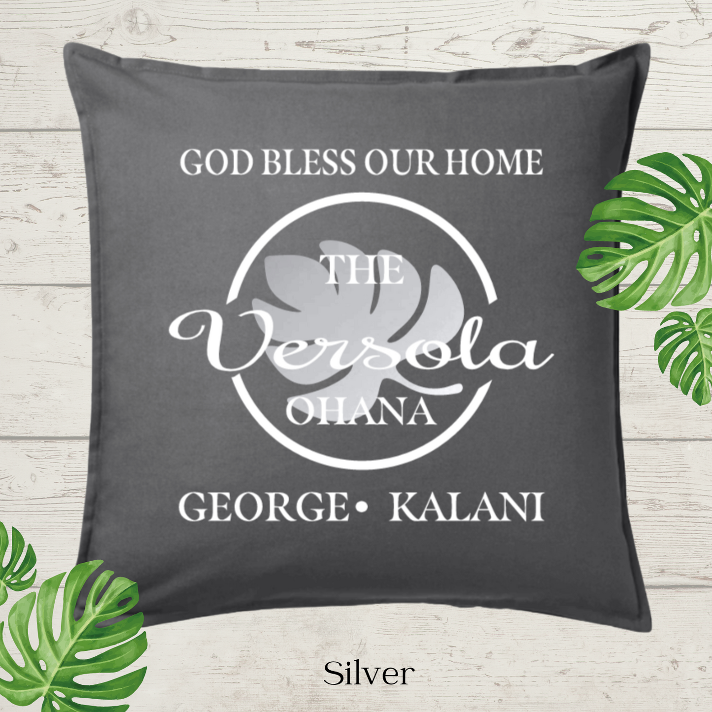 God Bless Our Home Decor Pillow Cover, Charcoal with Large Monstera Leaf, Personalized (COVER ONLY). Scroll for more color options.