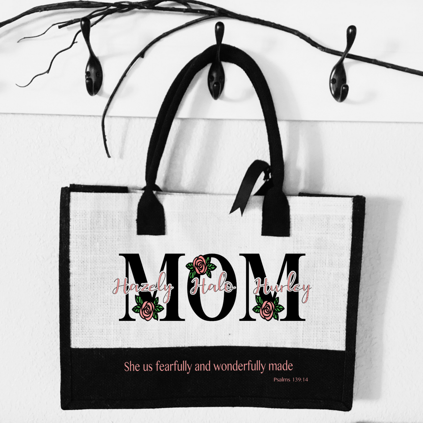 "Mom" Burlap Bag with Short Handle