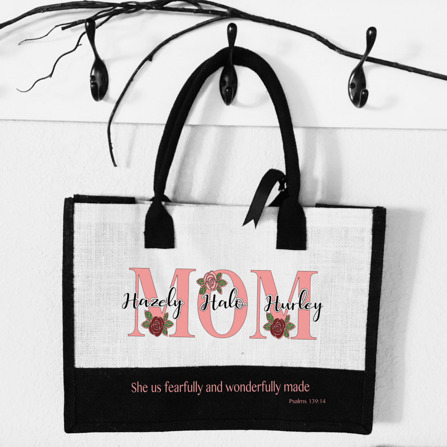 "Mom" Burlap Bag with Short Handle