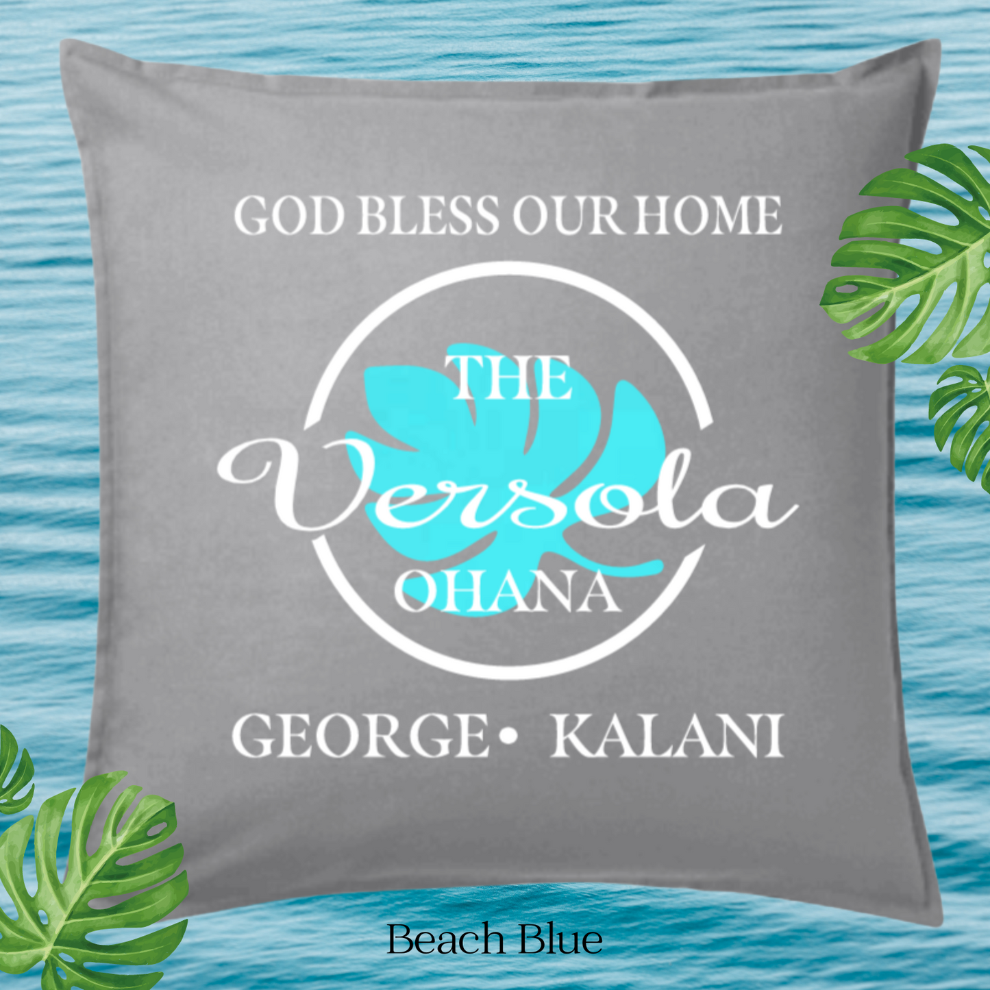 God Bless Our Home Decor Pillow Cover, Light Gray with Large Monstera leaf, Personalized (COVER ONLY)Scroll for other color options