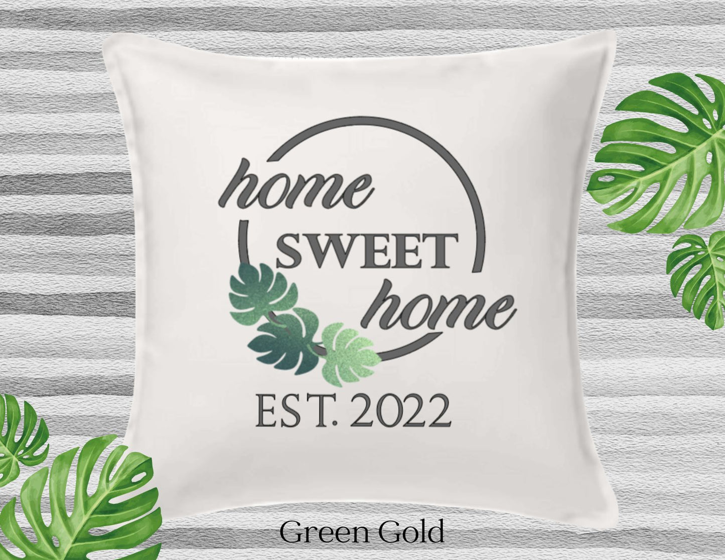 Home Sweet Home Decor Pillow Cover, White with Three Monstera Leaf, Personalized (COVER ONLY)Scroll for other color options