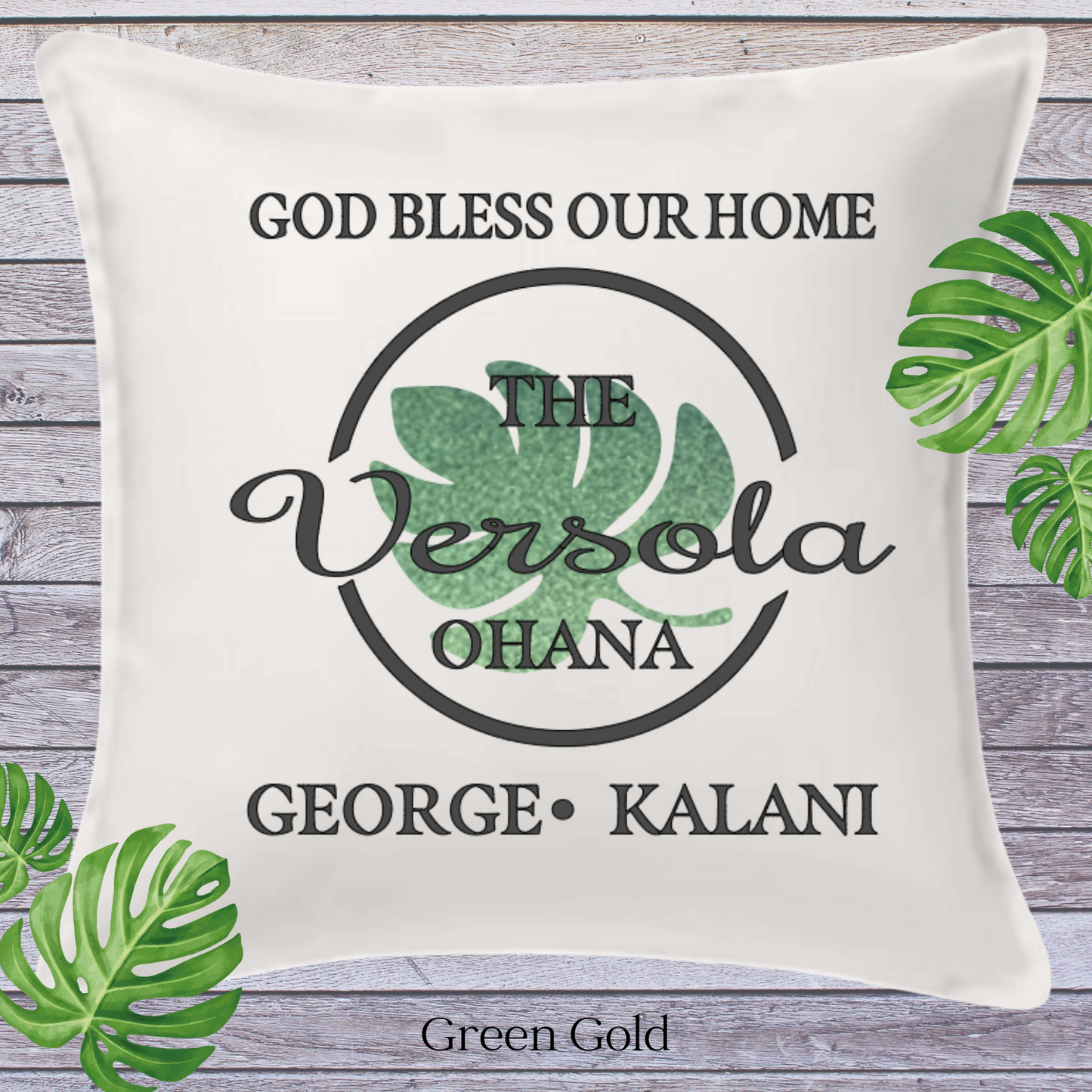 God Bless Our Home Decor Pillow Cover,  White with Large Monstera Leaf, Personalized (COVER ONLY) Scroll for other color options