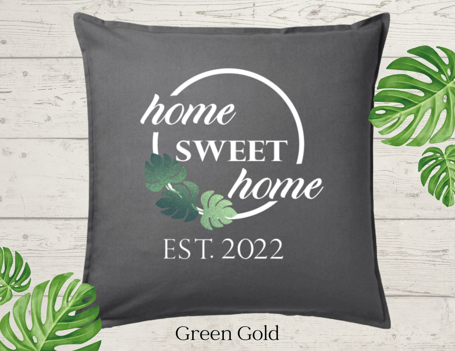 Home with Three Monstera Leaf, PersonalizedSweet Home Decor Pillow Cover Charcoal (COVER ONLY)Scroll for other color options