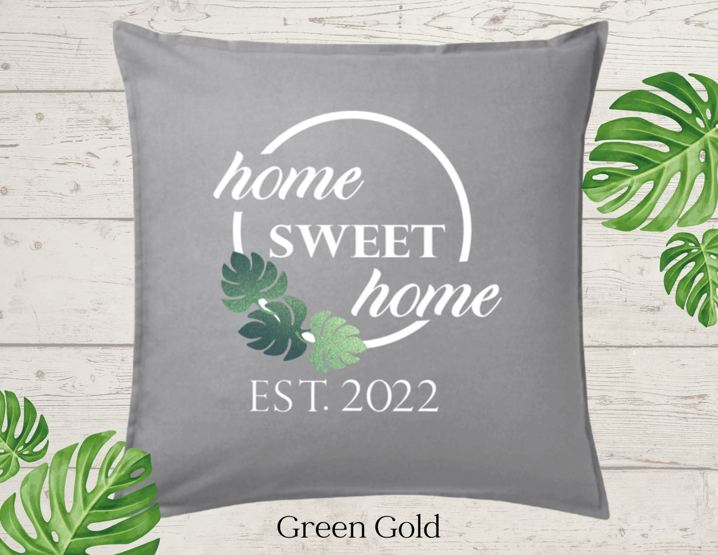 Home Sweet Home Decor Pillow Cover, Lt Gray with Three Monstera Leaf, Personalized COVER ONLY)Scroll for other color options