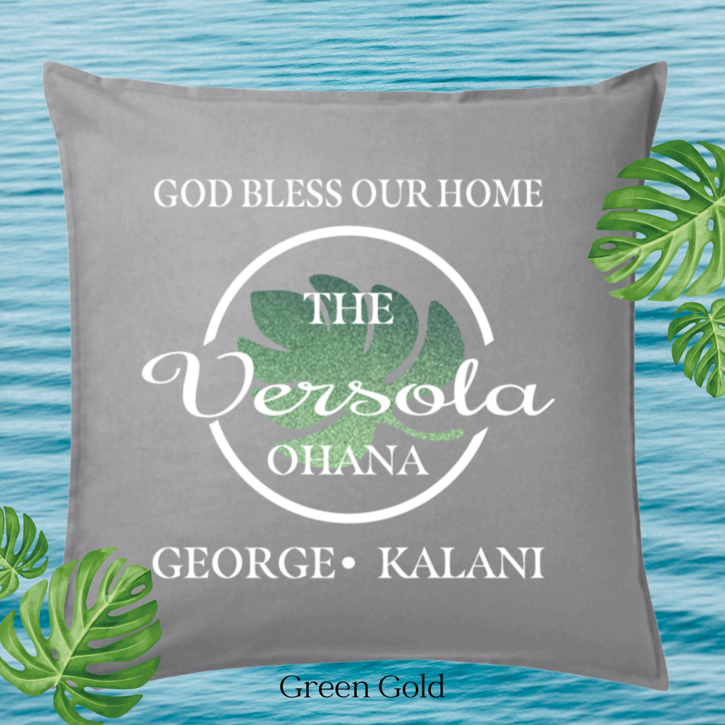 God Bless Our Home Decor Pillow Cover, Light Gray with Large Monstera leaf, Personalized (COVER ONLY)Scroll for other color options