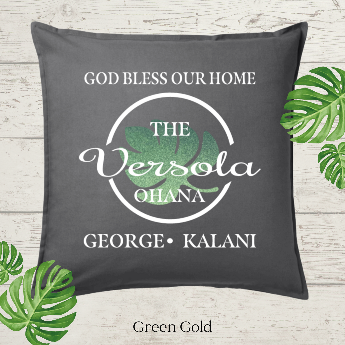 God Bless Our Home Decor Pillow Cover,  Charcoal with Large Monstera Leaf, Personalized (COVER ONLY).  Scroll for more color options.