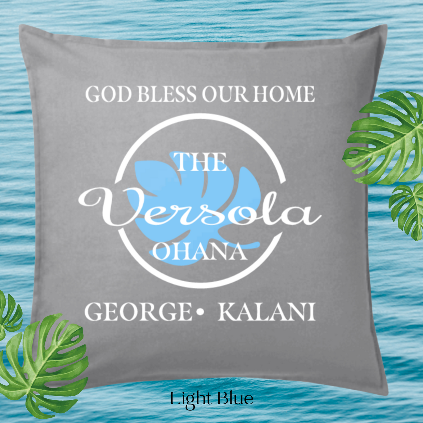 God Bless Our Home Decor Pillow Cover, Light Gray with Large Monstera leaf, Personalized (COVER ONLY)Scroll for other color options