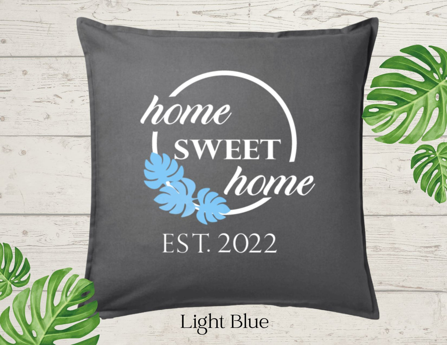 Home with Three Monstera Leaf, PersonalizedSweet Home Decor Pillow Cover Charcoal (COVER ONLY)Scroll for other color options