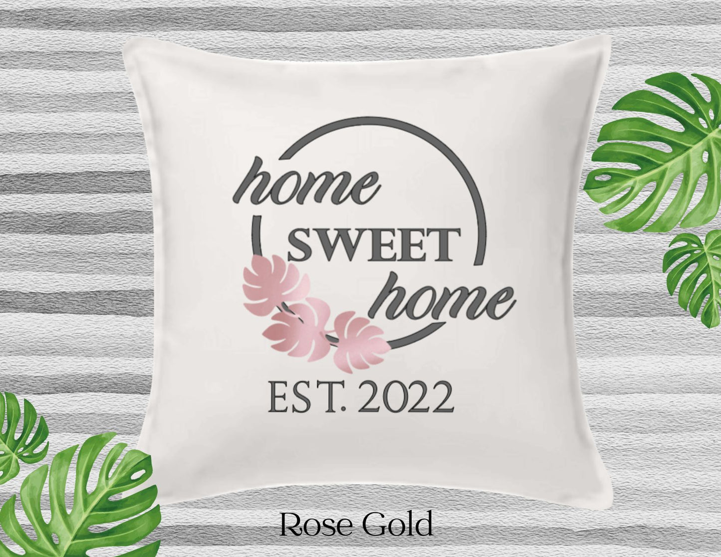 Home Sweet Home Decor Pillow Cover, White with Three Monstera Leaf, Personalized (COVER ONLY)Scroll for other color options