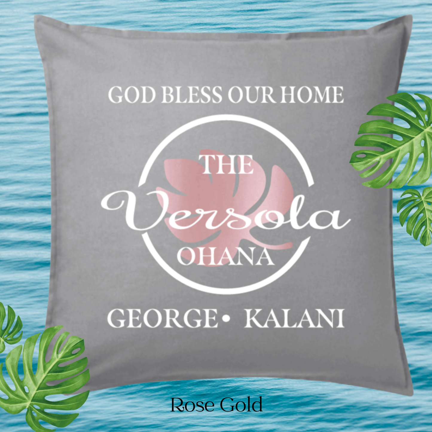 God Bless Our Home Decor Pillow Cover, Light Gray with Large Monstera leaf, Personalized (COVER ONLY)Scroll for other color options