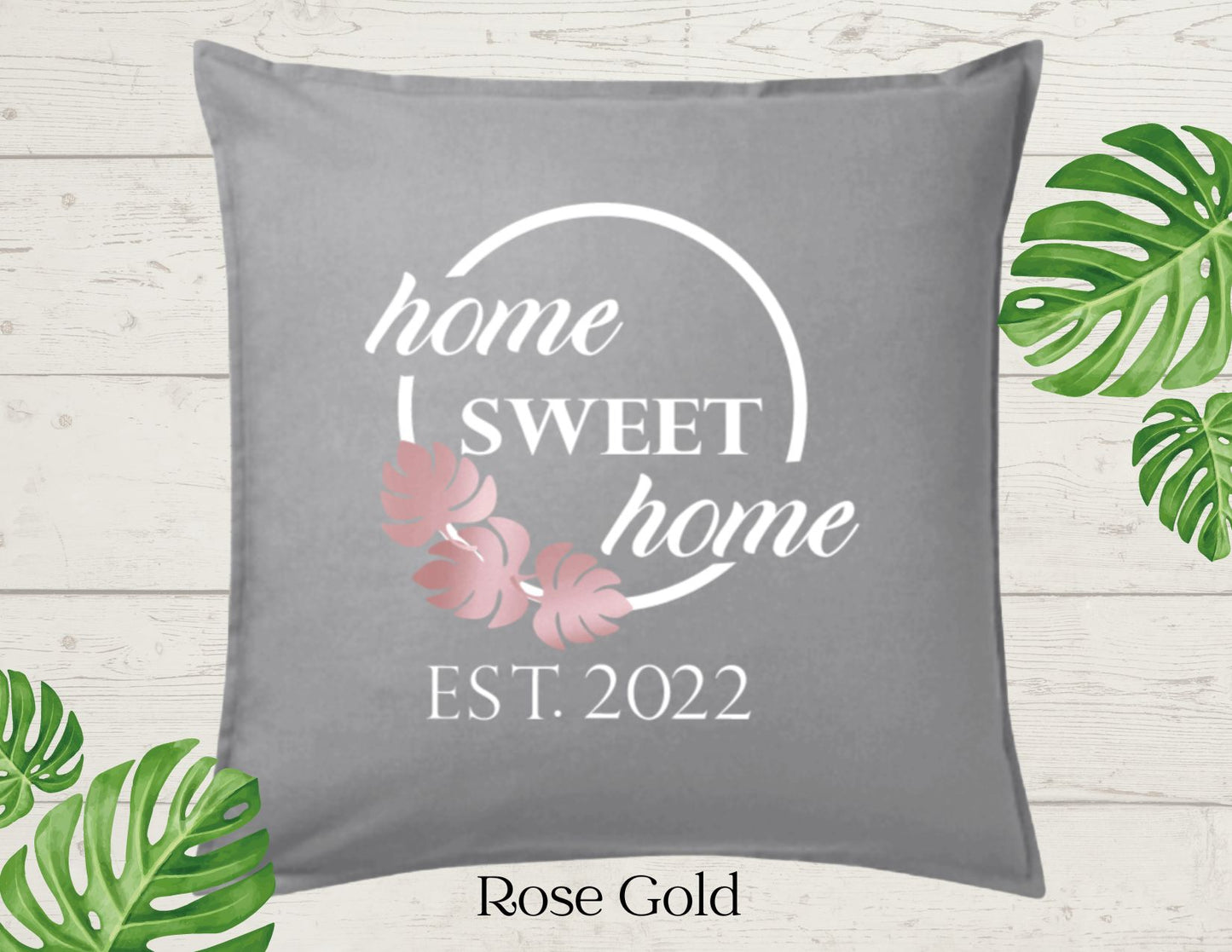 Home Sweet Home Decor Pillow Cover, Lt Gray with Three Monstera Leaf, Personalized COVER ONLY)Scroll for other color options