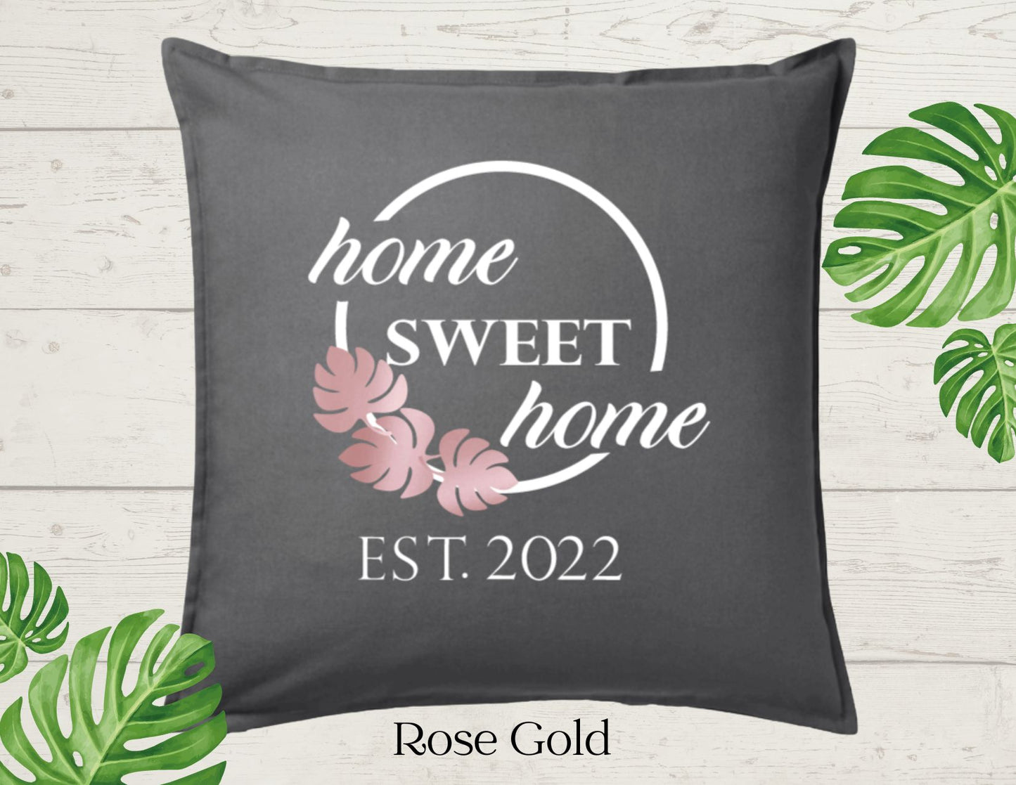 Home with Three Monstera Leaf, PersonalizedSweet Home Decor Pillow Cover Charcoal (COVER ONLY)Scroll for other color options