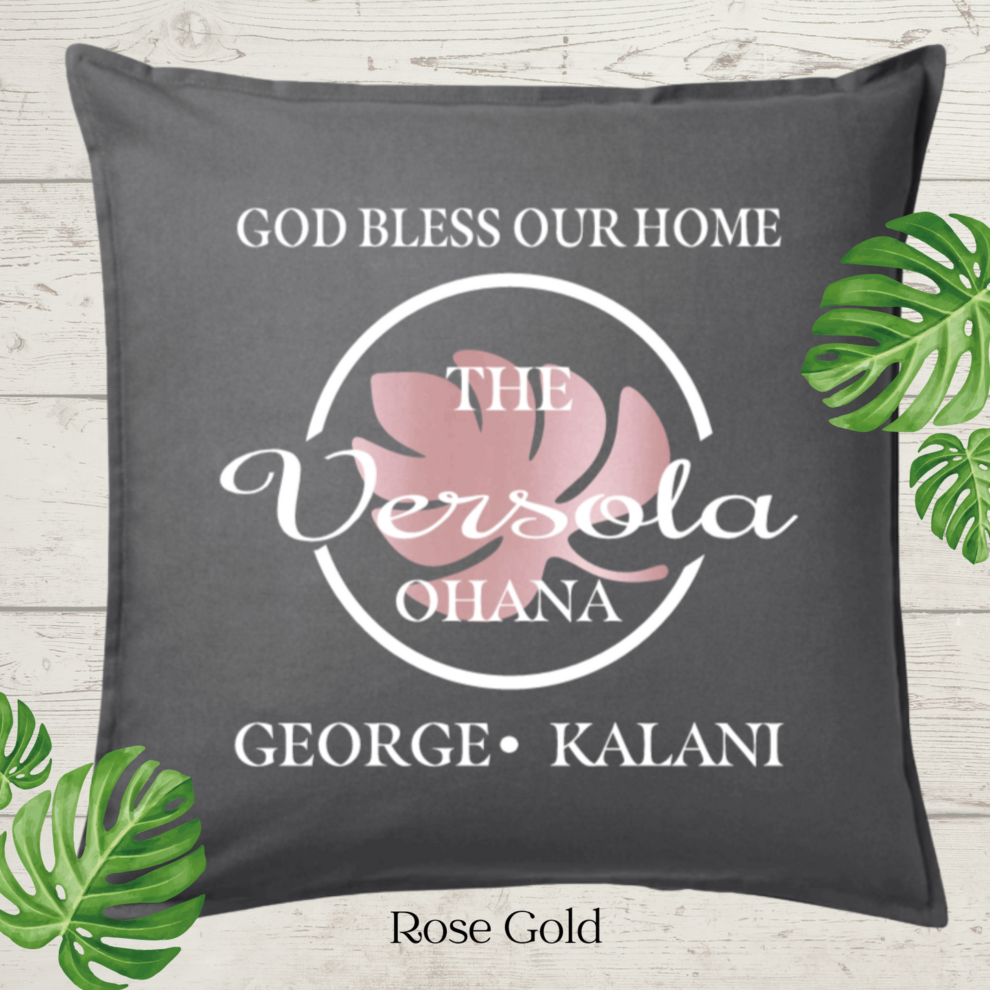 God Bless Our Home Decor Pillow Cover,  Charcoal with Large Monstera Leaf, Personalized (COVER ONLY).  Scroll for more color options.