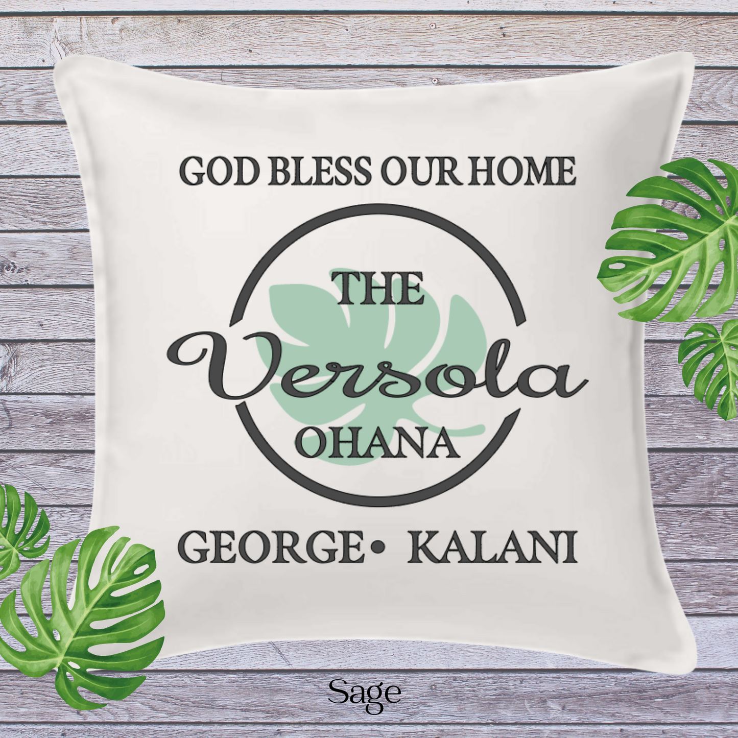 God Bless Our Home Decor Pillow Cover,  White with Large Monstera Leaf, Personalized (COVER ONLY) Scroll for other color options