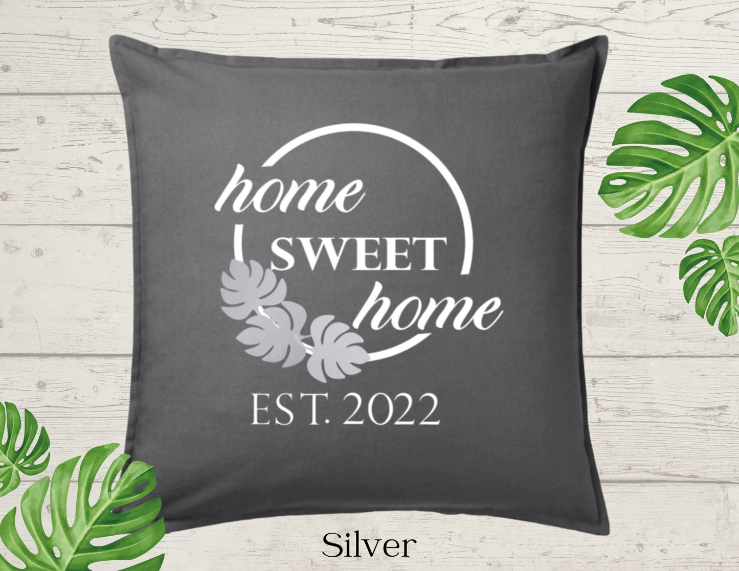 Home with Three Monstera Leaf, PersonalizedSweet Home Decor Pillow Cover Charcoal (COVER ONLY)Scroll for other color options