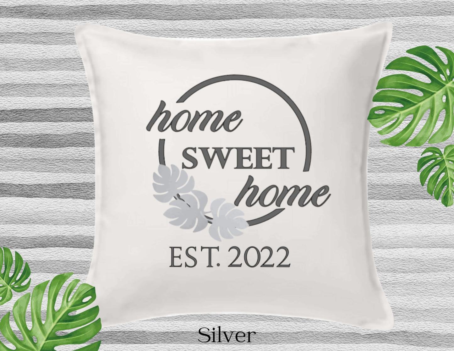 Home Sweet Home Decor Pillow Cover, White with Three Monstera Leaf, Personalized (COVER ONLY)Scroll for other color options