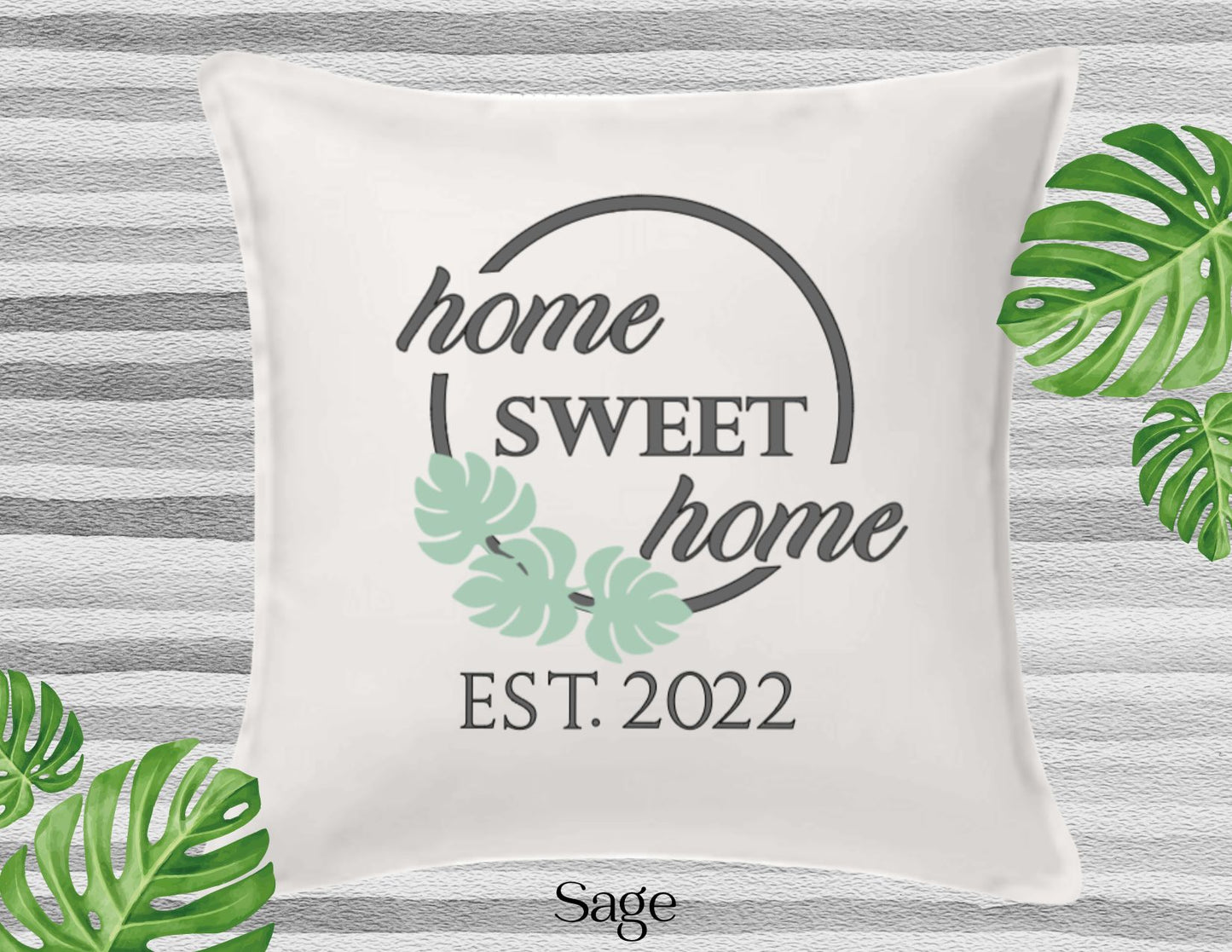 Home Sweet Home Decor Pillow Cover, White with Three Monstera Leaf, Personalized (COVER ONLY)Scroll for other color options