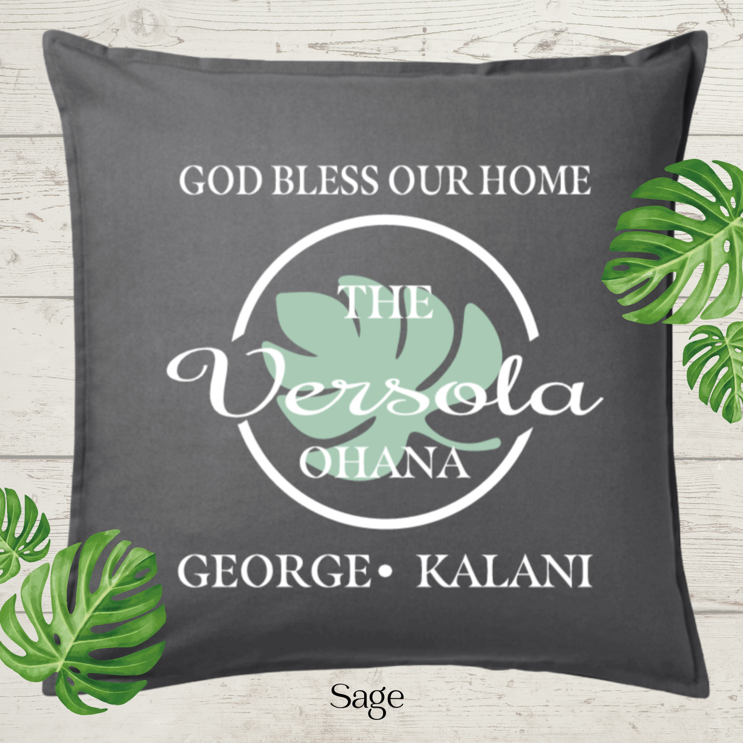 God Bless Our Home Decor Pillow Cover,  Charcoal with Large Monstera Leaf, Personalized (COVER ONLY).  Scroll for more color options.