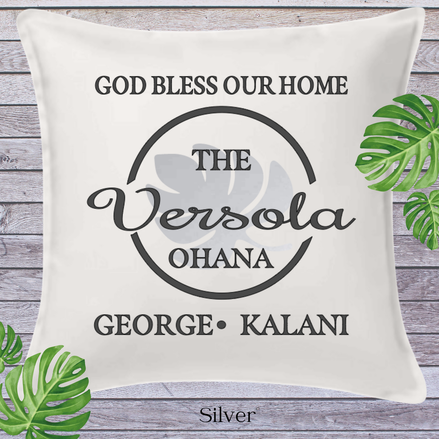 God Bless Our Home Decor Pillow Cover,  White with Large Monstera Leaf, Personalized (COVER ONLY) Scroll for other color options