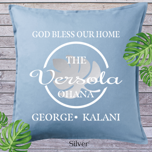 God Bless Our Home Decor Pillow Cover,  Lt Blue with Large Monstera Leaf, Personalized (COVER ONLY)Scroll for other color options