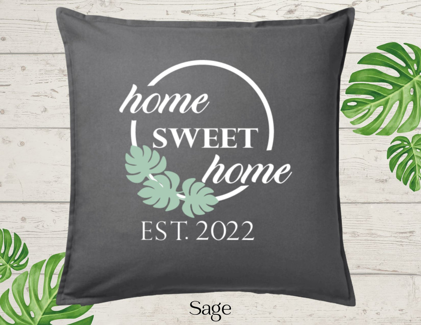 Home with Three Monstera Leaf, PersonalizedSweet Home Decor Pillow Cover Charcoal (COVER ONLY)Scroll for other color options