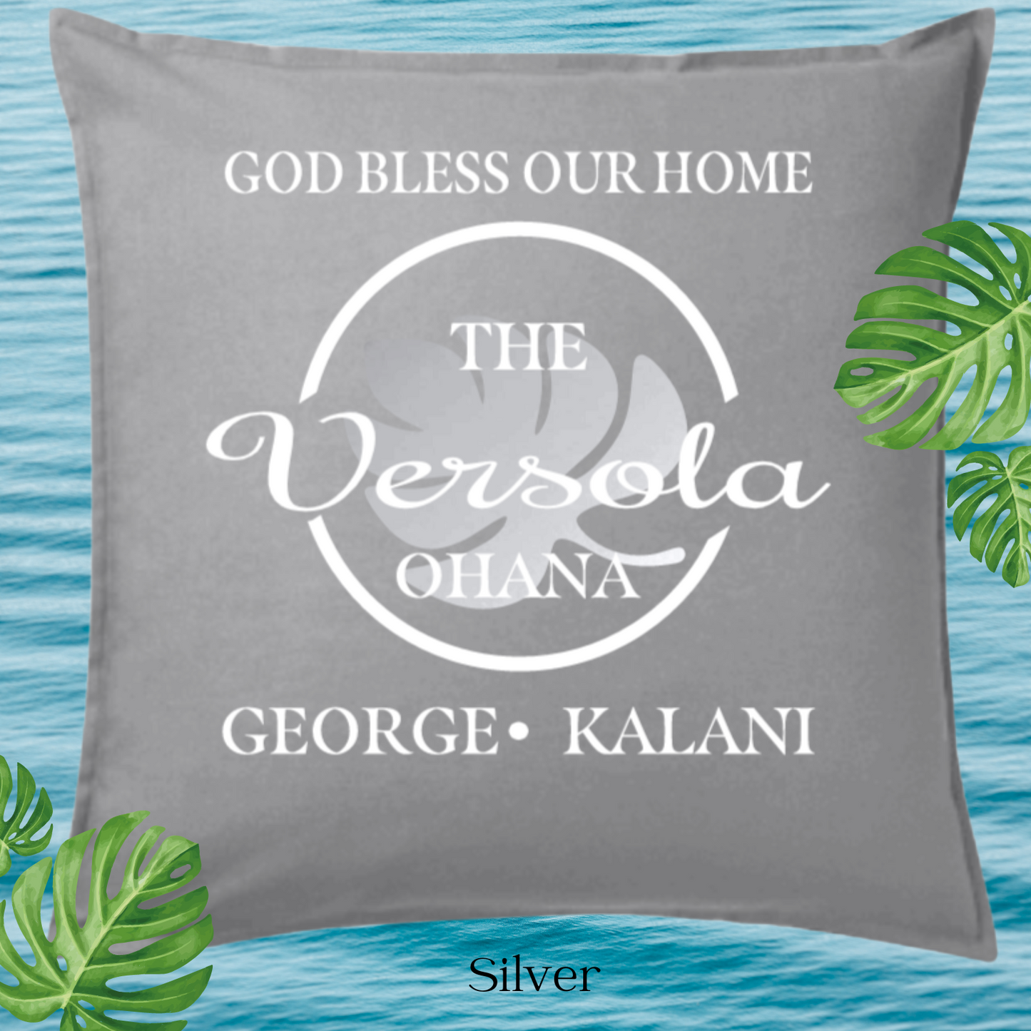 God Bless Our Home Decor Pillow Cover, Light Gray with Large Monstera leaf, Personalized (COVER ONLY)Scroll for other color options