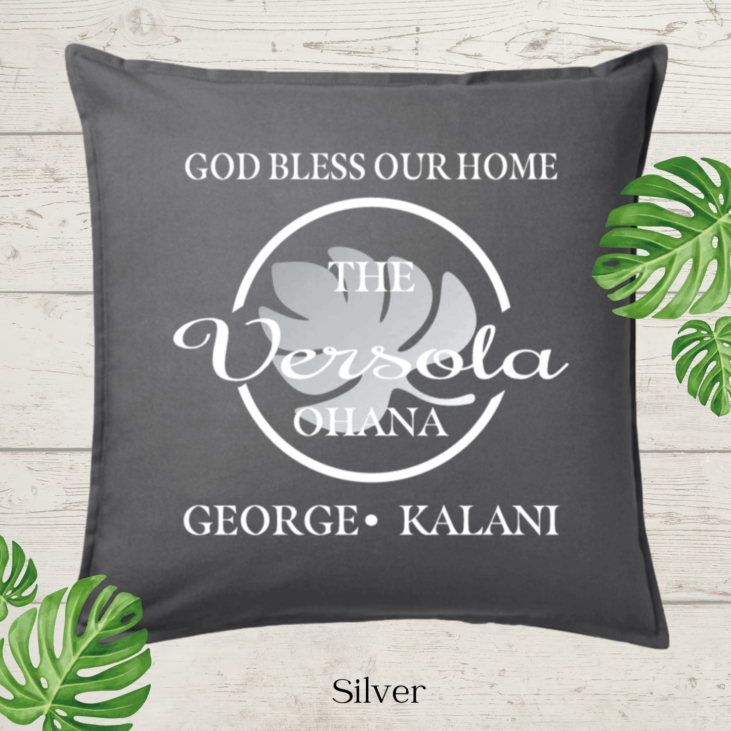 God Bless Our Home Decor Pillow Cover,  Charcoal with Large Monstera Leaf, Personalized (COVER ONLY).  Scroll for more color options.